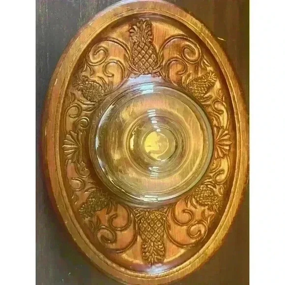 Carved Wood Serving Platter Plate Centerpiece Trivet Pineapple 12" x 16" Vintage - Picture 2 of 5